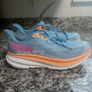 Hoka Women's One One Clifton 9 Blue and Orange Running Shoes Size 8.5B